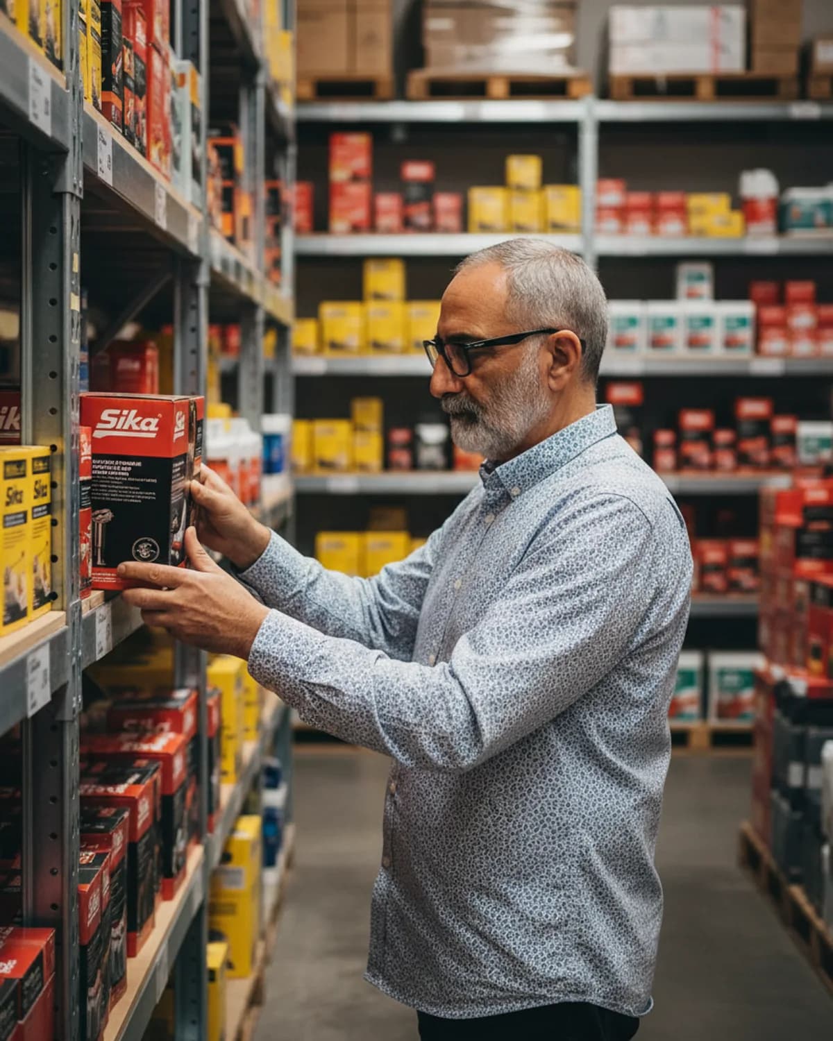 Pepe seleccionando productos Sika del estante